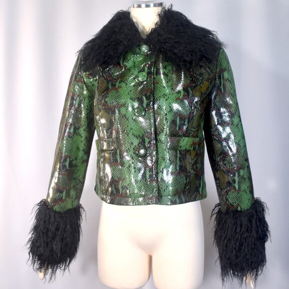 Nasty Gal Snakeskin Print Crop Jacket with Faux Fur Trim Green Black Pockets 4 - Picture 2 of 8